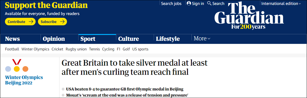 英国队终于拿下冬奥会首枚奖牌：冰壶进决赛